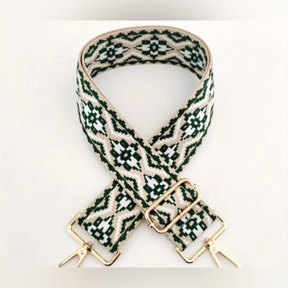 Accessories - Embroidered Bag Strap w/ Gold Embellishment. Green/White
